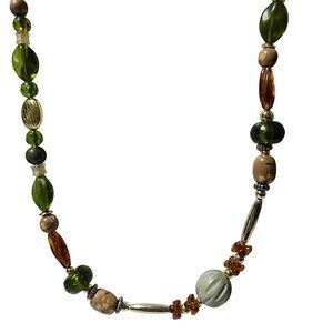 Vintage Inspired Beaded Necklace Green Amber Retro 60s 70s Fashion Jewelry Women